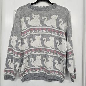 VTG Adele Knitwear Gray Sweater Crew Neck Cottagecore Cozy Catlady Grandma Core